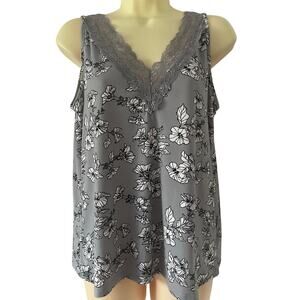 Tahari Gray Floral Print Camisole Sleep Top Lace Woman Size Medium Comfy Stretch